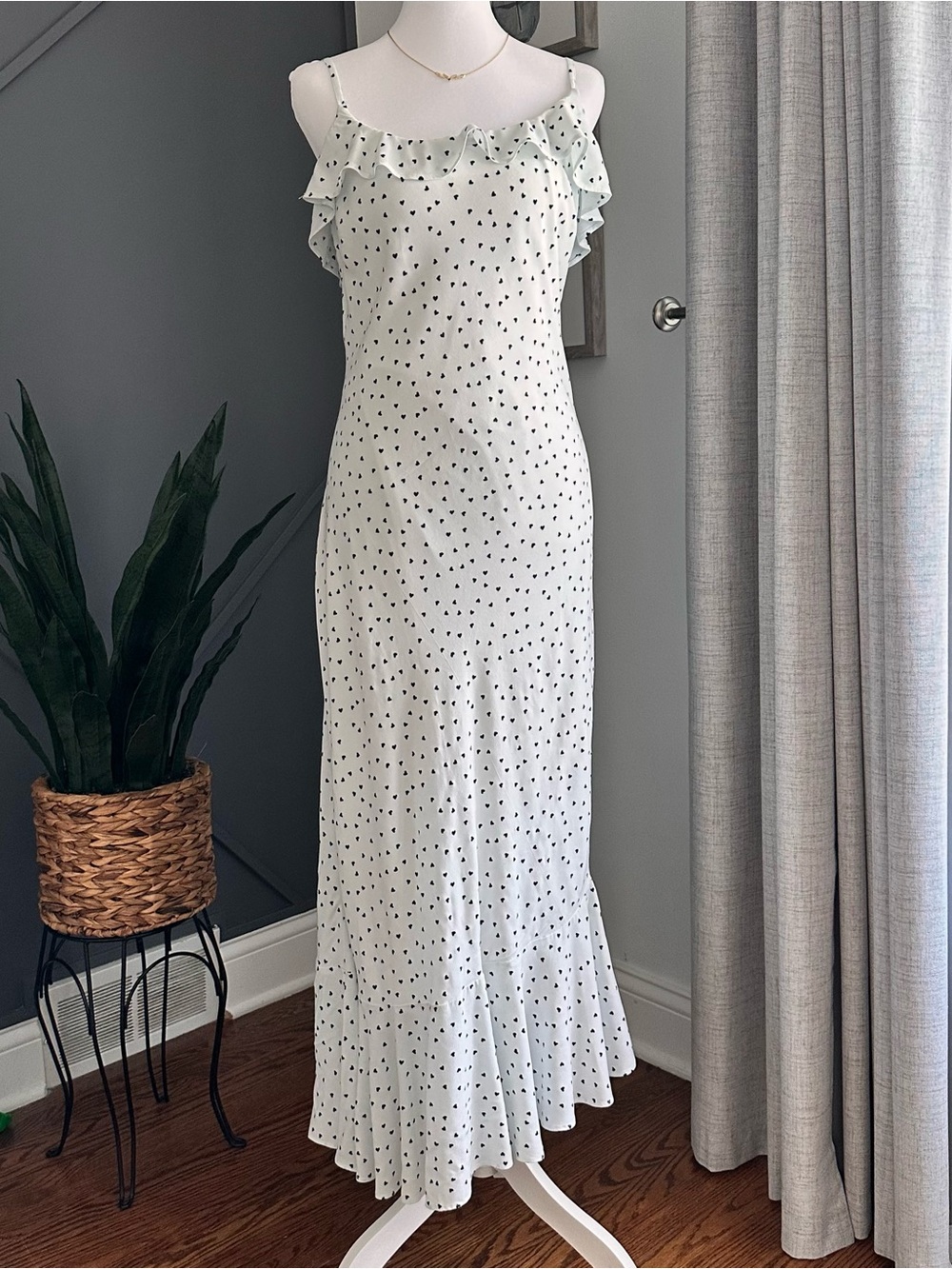 American Eagle Outfitters White Maxi Asymmetrical Dress with Black Heart Print